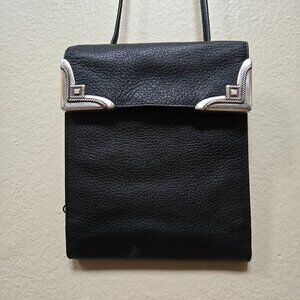 Black Leather Crossbody Bag with Real Silver Trim